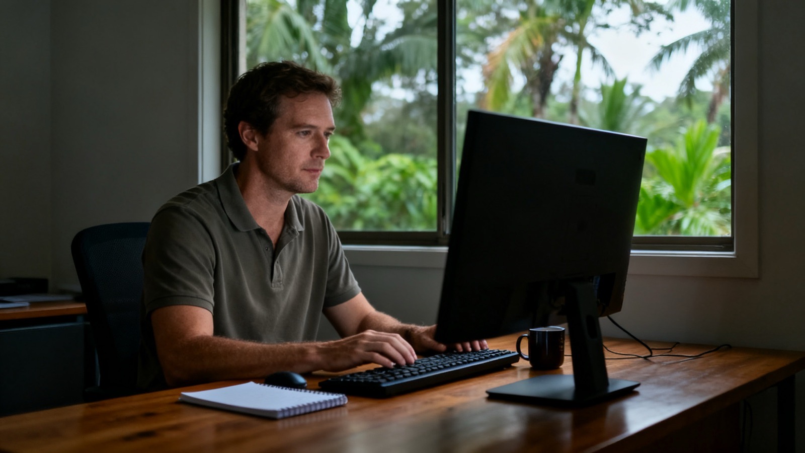 A man working at a desk on a desktop computer, the back of the monitor towards the camera